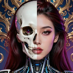 portrait of half cybernetic skull half woman by sandra chevrier, by ibrahem swaid, cybernetics, glamor shot, closeup, vivid colours, hyper realistic detailed intricate render, hypermaximalist, ornate, epic composition, sharp focus, masterpiece