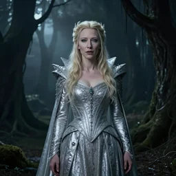 portrait of ((mischievous)), baleful Cate Blanchett as Galadriel as a queen of fairies, dressed in a beautiful silver dress. The background is a dark, creepy eastern europen forrest.  night, horroristic shadows, high contrasts, lumnious,  photorealistic, (mist filters), theatrical, character concept art by ruan jia, thomas kinkade, and J.Dickenson, trending on Artstation