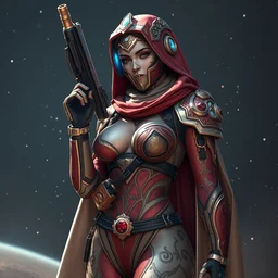 sexy merchant ornate feminine cyborg in full body skin space suit, arab helmet, concept art, joshua rife, gun, intricate, highlydetailed, space background, artstation 4 k raytracing, shadows, highlights, illumination, cosmic, interstellar