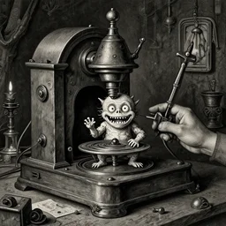 an occult machine making copies of a funny little creature by hieronymus bosch