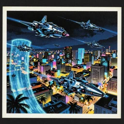 a silkscreen postcard depicting the bay of san juan puerto rico, during a battle of futuristic chrome flying battle ships, at night, chaotic battle scenes with flying hyper ships in the air, at night, the tropicalcore and synthwave city lights shine, densely populated metropolitan city is vibrant with neon signs and activity, a bioluminescent shield protects all inhabitants in the style of greg rutowski, by james gurney, by frank miller