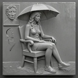 relief of miss of the world in the rain sitting on the chair by conrad roset and basquiat
