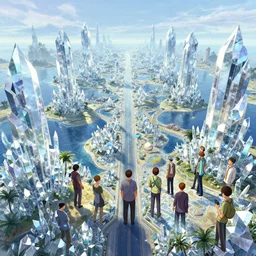 highly detailed vanishing - point of a gleaming archipelago made of crystal in gta v, stephen bliss, unreal engine, illustration, fantasy art by greg rutkowski, loish, rhads, ferdinand knab, makoto shinkai and lois van baarle, ilya kuvshinov, rossdraws, tom bagshaw, global illumination, radiant light, detailed and intricate environment