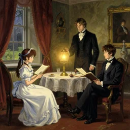 victorian britain 1 8 3 6, wealthy couple william and fanny nightingale entertain guests in english victorian manor, adolecent florence nightingale reciting poetry, lamp light, finely detailed perfect art, gapmoe yandere grimdark, trending on pixiv fanbox, painted by greg rutkowski makoto shinkai takashi takeuchi studio ghibli