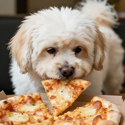 detailed photo of a tibetan spaniel eating a slice of pizza