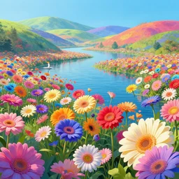 digital illustration of a lake full of giant multi - colored gerber daisy flowers by dr. seuss, reimagined by ilm and beeple : 1 | megaflora, spectral color, electric color, rolling hills : 0. 9 | fantasy : 0. 9 | unreal engine, deviantart, artstation, hd, 8 k resolution : 0. 8
