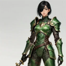 A tall woman with short black hair and an eyepatch wearing green leather armor, monster hunter concept art, trending on pixiv, detailed