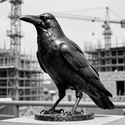 a black and white highly detailed and realistic statue of a crow, museum lighting, award winning, masterpiece, nature photography, national geographic, construction site, black and white, high contrast, grainy