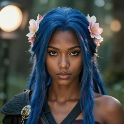 beautiful bard, ( ( head shot ) ), brown skin, sharp focus, ffxiv, neo classic, blue hair, bloom, movie still, dogi, sony, symmetrical, makeup, sephora, loreal, red highlights, lens flare, studio light, octane render, maybelline, model, forest, traditional, vsco, bokeh, 8 k