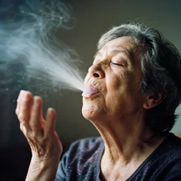 analog photographic portrait with 5 0 mm lens and f / 1 2. 0 of a 9 5 years old woman woman with her eyes closed and spurting from her mouth a white viscous fluid floating in the air. with a slight variation of light in the liquid and gesture.