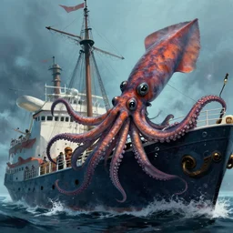 a giant squid attacking a ship, its tentacles wrapping around the ship, trending on artstation, highly detailed, dramatic lighting