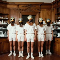 realistic photo portrait of the university class dressed white shorts, dressed wearing bird helmet mask, beautiful symmetrical faces, standing in the wooden polished and fancy expensive wooden laboratory interior room 1 9 9 0, life magazine reportage photo