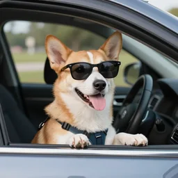 dog with sunglasses driving a car