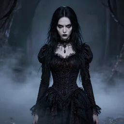 photorealistic full shot portrait of angry darkness anime girl posing, gothic clothing, worrying eyes, inspired by Tim Burton, detailed, unreal engine 4k volumetric light, fog,