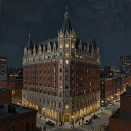 painting of a 1 9 2 0 s gothic style hotel in downtown boston, overlooking a dark street, architectural, atmospheric lighting, brooding, painted, intricate, ultra detailed, well composed, best on artstation, cgsociety, epic, stunning, gorgeous, intricate detail, much wow, masterpiece, cinematic aesthetic octane render, 8 k hd resolution,