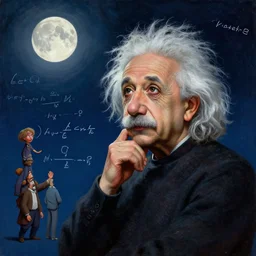 breathtakingly beautiful painting of albert einstein as a genie, thinking about equations, moonlit sky, matte painting by brian froud, shaun tan, wlo and peter mohrbacher, highly detailed, intricate,, award winning artwork, trending on artstation, high quality printing, fine art with subtle redshift rendering