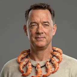 Tom hanks as forrest gump wearing a necklace made out of shrimps around the neck, realistic face, digital art, in the style of Raphael Lacoste, amazing detail, artstation