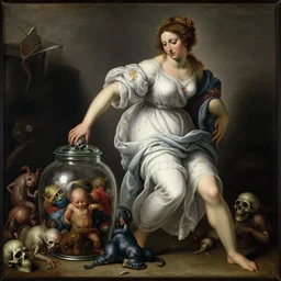 a painting of pandora opening her jar, releasing critters that impersonate sickness, misery, disease and death by artemisia gentileschi