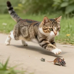 a cat, chasing × a mouse