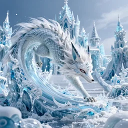white - haired anime fox lizard frozen in an ice flow infront of a frozen ice caslte, intricate, highly detailed, smooth, wide shot, artstation, digital illustration by ruan jia