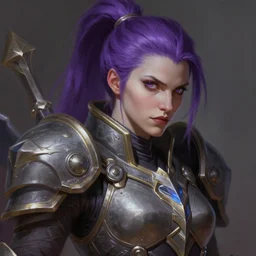 alexey gurylev, close up portrait, pale woman in power armor with purple ponytail hair, stoic, focused, powerful, d & d, fantasy, complex, elegant, highly detailed, digital painting, artstation, concept art, matte, clear focus, illustration, hearthstone, artgerm art, greg rutkovsky and alphonse mucha