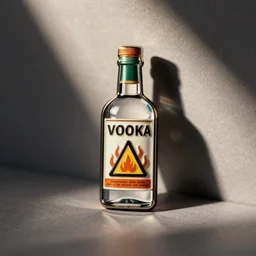 a retro vodka bottle on fire flame warning label enamel pin, studio lighting, behance