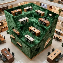 huge sprawling gargantuan angular dimension of infinite indoor landscape 7 0 s green velvet and wood with metal furniture office. surrealism, mallsoft, vaporwave, 7 0 s office furniture catalogue, shot from above, epic scale by escher