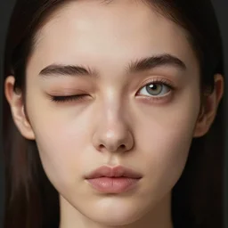 a female looking directly while her left eye is closed and the other right eye is wide open, naturel, hyper detailed, digital art, trending in artstation, cinematic lighting, studio quality, smooth render, unreal engine 5 rendered, octane rendered, art style by klimt and nixeu and ian sprigger and wlop and krenz cushart