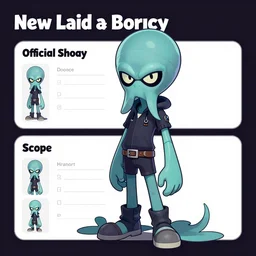 official character sheets for a new laid back vampire squid character, artwork in the style of splatoon from nintendo, art by tim schafer from double fine studios, edgy original character color palette from the early two thousands, black light, neon, spray paint, punk, tall thin frame, adult character, fully clothed, colorful
