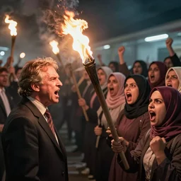 2 4 mm photograph of angry geert wilders and torch - wielding mob on left side facing a group of hijab wearing women on right side, shouting, crazy eyes, atmospheric lighting, by joel meyerowitz, by saul leiter