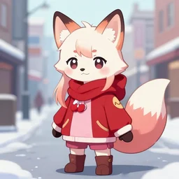 a cute anthropomorphic arctic fox girl wearing a red and pink outfit. artstation, pixiv, furaffinity. digital artwork of a fursona. furry manga style drawing. city streets anime scenery.