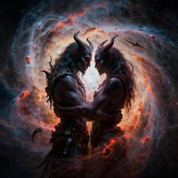 two demons hug inside of an exploding nebula, beksinski, dariusz zawadzki, very coherent symmetrical artwork. cinematic, hyper realism, high detail, octane render, 8 k
