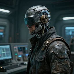 a masked rugged engineer man with cybernetic enhancements in a control room, scifi character portrait by greg rutkowski, esuthio, craig mullins, 1 / 4 headshot, cinematic lighting, dystopian scifi gear, gloomy, profile picture, mechanical, half robot, implants, steampunk