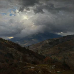 mountain scene with storm clouds in distance, dramatic lighting, in the style of thomas cole