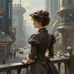 portrait of a victorian lady in a futuristic city, from behind, streets, beautiful, solarpunk!!!, highly detailed, digital painting