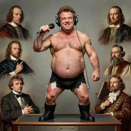 ripped physique Portrait of Rush Limbaugh walrus politico standing atop a radio station whilst wearing headphones whilst brandishing a microphone greg rutkowski edgar degas ilya repin giorgio de chirico salvador dali giotto leonardo da vinci paul cezanne edward hopper