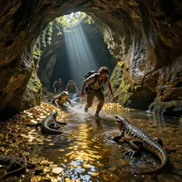 adventurer archeologist, escaping lizard - men, chase scene, inside the wishing well cavern, piles of gold coins, shallow water, gold refractions off water, moonlight beam from above illuminates cavern, reflective clean water on cavefloor, slick wet walls, leaves cave, small flowing stream from wall, lichen patches, gold dappled lighting, movie poster painting