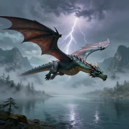 dragon flying over a lake, fog, lightning, mountains in background, detailed digital painting, trending artstation