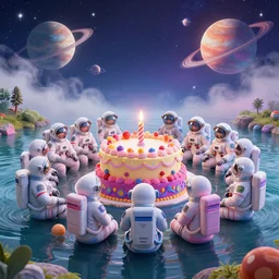 twelve cosmonauts sitting by the river with a big holiday cake + psychedelic colors + octane render + ue 5 + planets and stars + mystical fog + psychedelic colors + trippy colors + super detail, high quality
