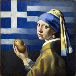 oil on canvas painting in the style of the potato eaters, greek flag in the backgroung