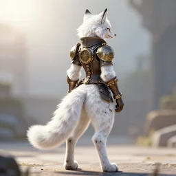 anthropomorphic white lynx fursona wearing steampunk suit, standing with her back to us, with lynx head, tail, paws, by tanidareal, irakli nadar, muggur, intricate linework, unreal engine, photorealistic render, furry art, furaffinity, gaussian blur, bright sun backlight, white detailed fur, view from behind, thin hind legs