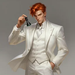 a highly detailed illustration of short ginger haired man wearing white suit, dramatic holding chess piece pose, intricate, elegant, highly detailed, centered, digital painting, artstation, concept art, smooth, sharp focus, league of legends concept art, WLOP