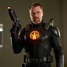 film still of Walter White as Gordan Freeman wearing a black HEV suit with a glowing orange black mesa logo in front holding a gravity gun in the Half Life Movie, 4k