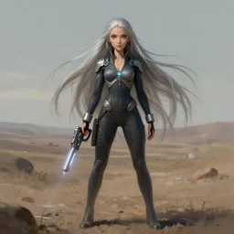 pleiadian woman with big eyes and long silver hair wearing a dark body suit and holding a plasma gun as a realistic sci fi character, portrait art by donato giancola and greg rutkowski, digital art, trending on artstation, standing in a barren field, long silver hair, full body