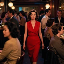 film noir jazz bar scene, crowds of people, she arrived in a red dress, in techinicolor.