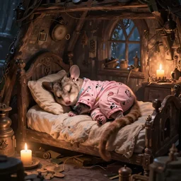 cute possum in its pajamas sleeping in a bed in a medieval cluttered cottage at night under the dim light of a candle,  dark fantasy, dreaming illusion, trending on artstation