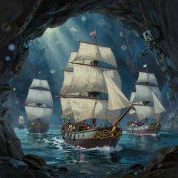 a painting of a group of ships in a cave, a detailed matte painting by sylvain sarrailh, Stephan Martinière, by RHADS, Makoto Shinkai, bokeh, Artstation contest winner, fantasy art, concept art, #vfxfriday