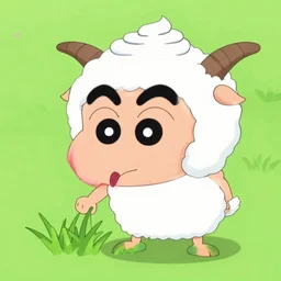 a small goat in shin chan style animation eating grass