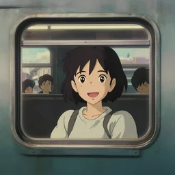 a japanese anime kawaii girl a train window, urban moody neutral hipster tones, joy gaze, cel - shaded, classical animation, cinematic, edge - to - edge print, rendered by studio ghibli, artgerm, alyssa monks, andreas rocha, david kassan, neil blevins