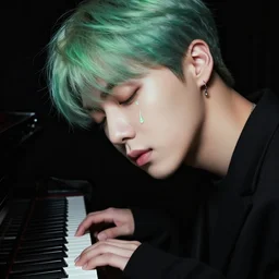 harmony of, mute, yoongi eyes closed playing piano in a black room, neon absinthe tears ( portrait of yoongi bts blood sweat & tears ) by wlop, james jean, victo ngai, beautifully lit, muted colors, highly detailed, fantasy art by craig mullins, thomas kinkade